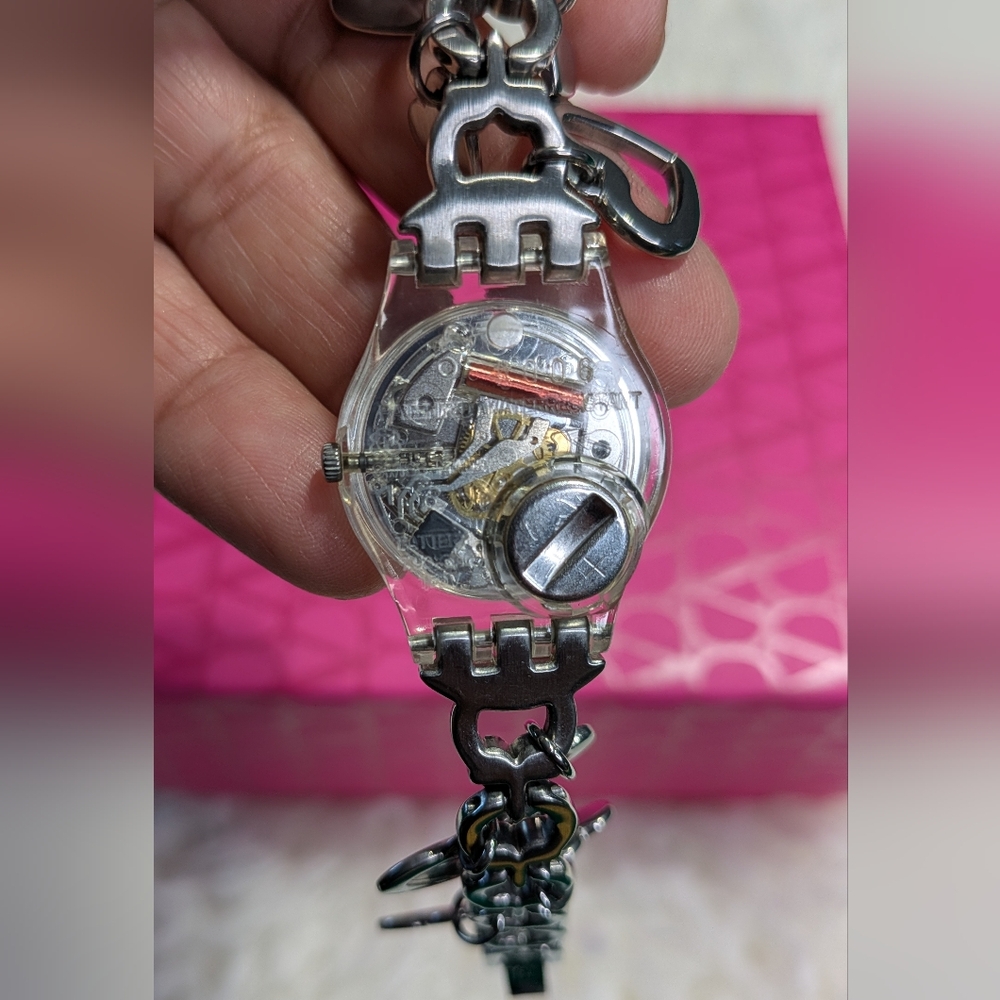 Swatch Silver and Red Heart Charm Watch